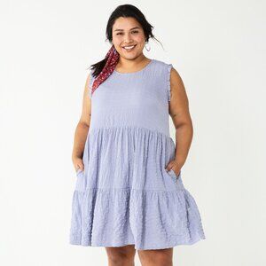Sonoma Puckered Tiered Crinkle Stretch Sleeveless Blue Ruffle Dress XXL
